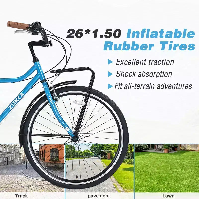 Vélo Whisen 26 pouces style vintage, vélo de ville rétro avec 7 vitesses, cadre en acier, double freins