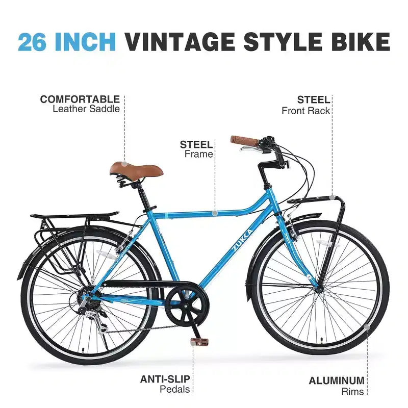 Vélo Whisen 26 pouces style vintage, vélo de ville rétro avec 7 vitesses, cadre en acier, double freins