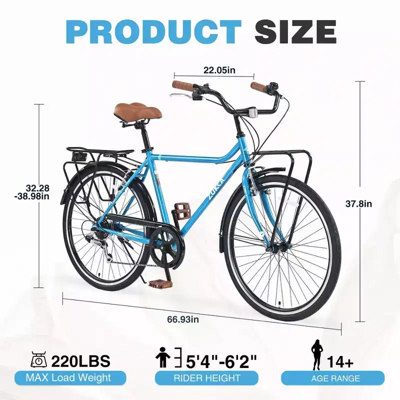 Vélo Whisen 26 pouces style vintage, vélo de ville rétro avec 7 vitesses, cadre en acier, double freins