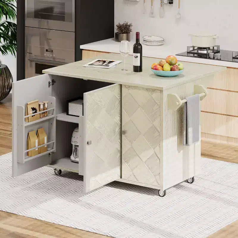Okak Kitchen Island with Drop Leaf and Handwoven Doors, Kitchen Cart with Internal Storage Rack, Countertop Organizer for Kitchen