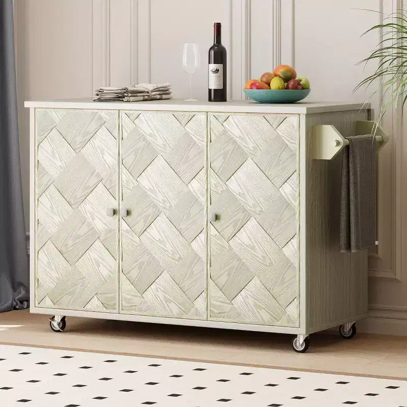 Okak Kitchen Island with Drop Leaf and Handwoven Doors, Kitchen Cart with Internal Storage Rack, Countertop Organizer for Kitchen