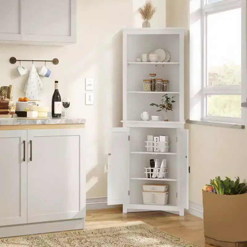 64 in Tall Farmhouse Corner Cabinet with 2 Barn Doors, Multi-Purpose Adjustable Shelves for Dining Room, Kitchen, Farmhouse Storage Cabinet, White