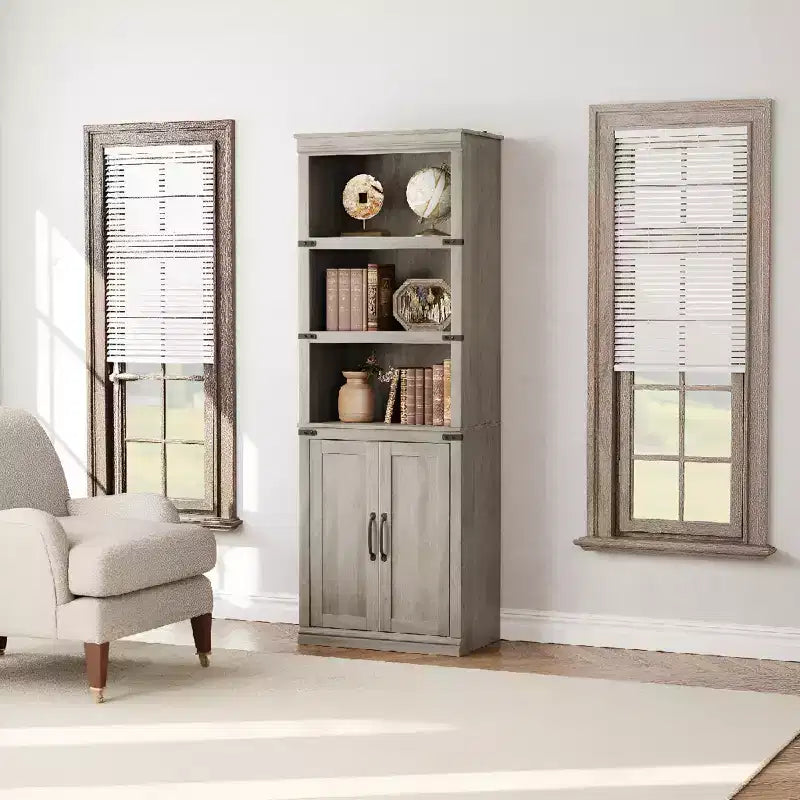 5-Shelf Bookcase with Storage Cabinet, Wood Bookshelves with Open Shelves & Doors, Vintage Display Cabinet for Living Rooms, Apartments, Offices