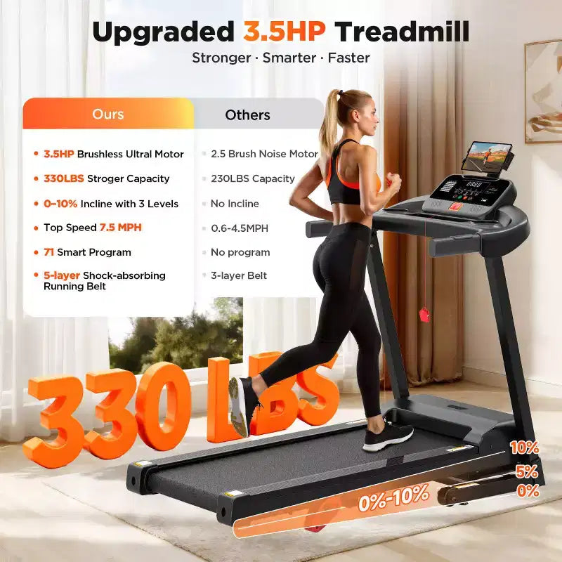 Tapis de course pliable avec inclinaison, Tapis roulant 3,5 CV pour la maison avec capacité de 150 kg, 71 programmes