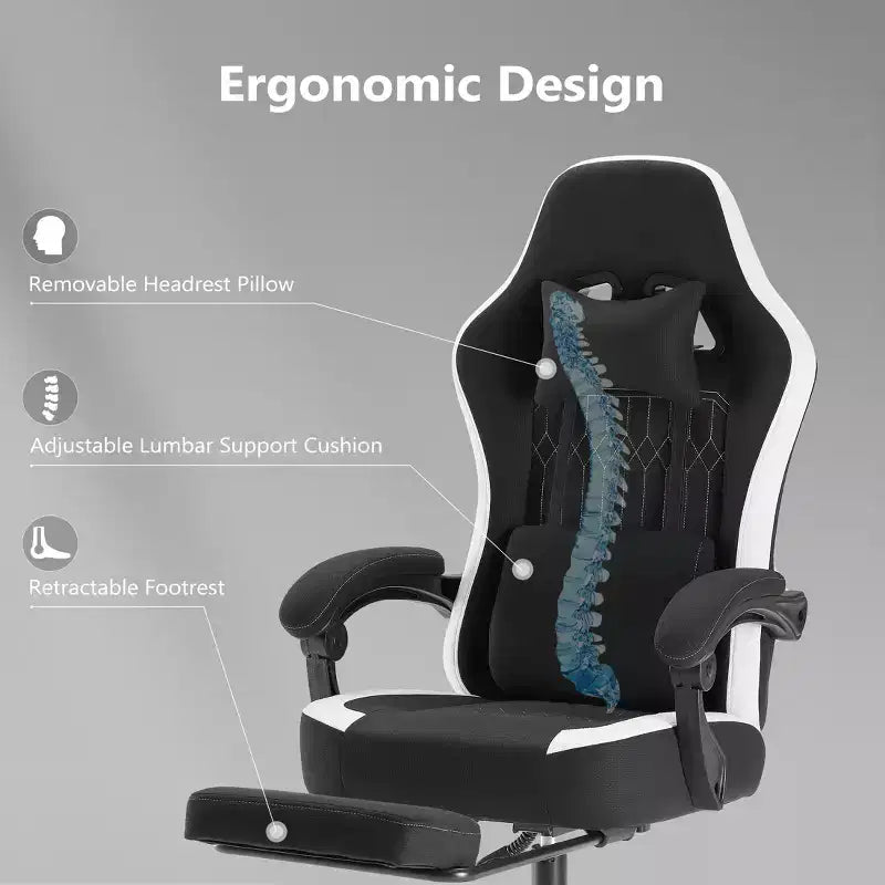 Chaise de jeu Bestier avec support lombaire, chaise de bureau avec hauteur réglable, accoudoirs et appuie-tête, roues rotatives à 360°