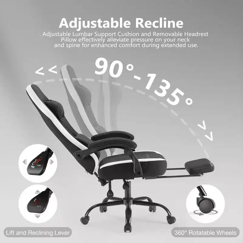 Chaise de jeu Bestier avec support lombaire, chaise de bureau avec hauteur réglable, accoudoirs et appuie-tête, roues rotatives à 360°
