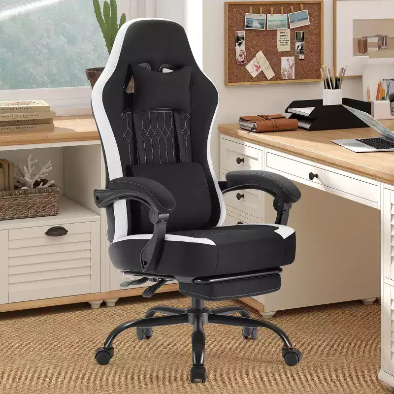 Chaise de jeu Bestier avec support lombaire, chaise de bureau avec hauteur réglable, accoudoirs et appuie-tête, roues rotatives à 360°