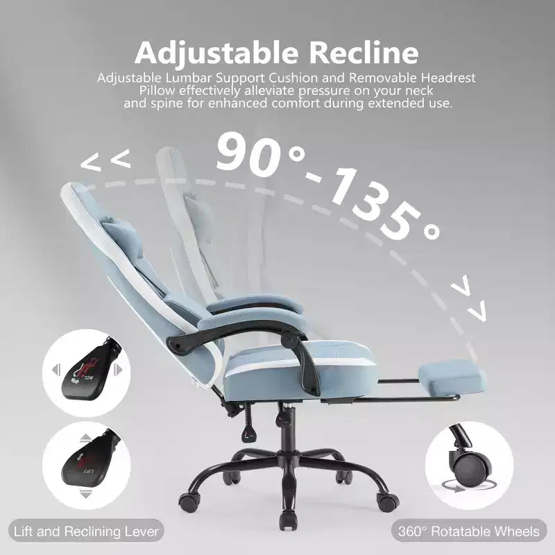 Chaise de jeu Bestier avec support lombaire, chaise de bureau avec hauteur réglable, accoudoirs et appuie-tête, roues rotatives à 360°