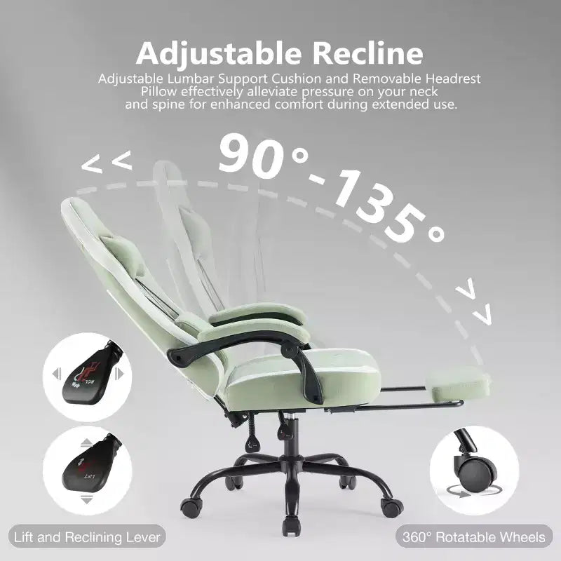 Chaise de jeu Bestier avec support lombaire, chaise de bureau avec hauteur réglable, accoudoirs et appuie-tête, roues rotatives à 360°