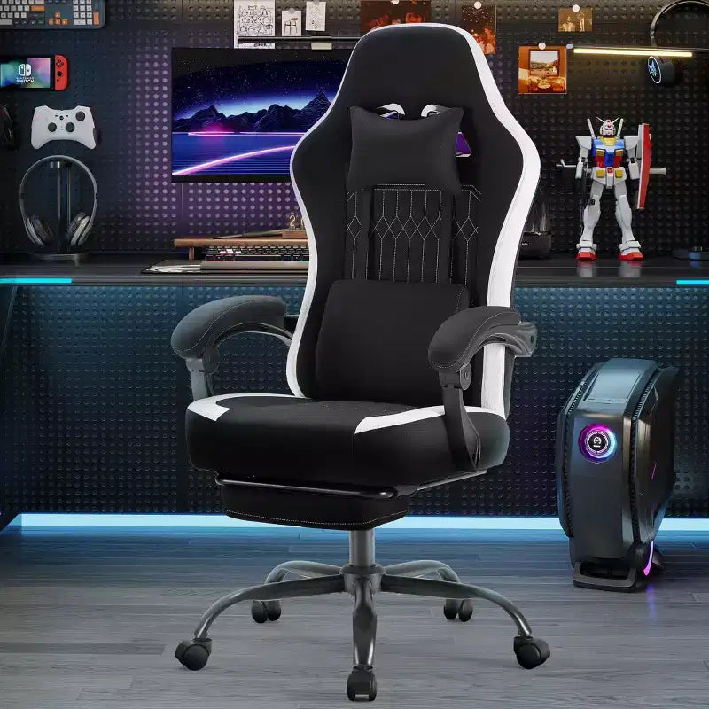 Chaise de jeu Bestier avec support lombaire, chaise de bureau avec hauteur réglable, accoudoirs et appuie-tête, roues rotatives à 360°