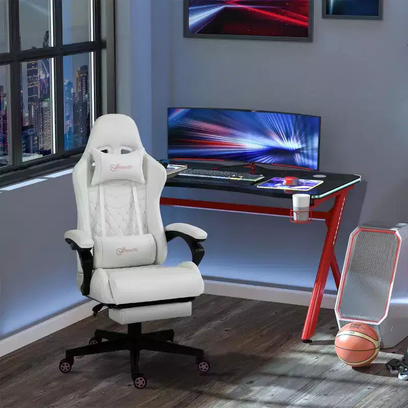 Chaise de jeu en cuir PU à dossier haut, Chaise d'ordinateur de course avec roulettes pivotantes, repose-pieds rétractable, appui-tête, support lombaire et accoudoirs