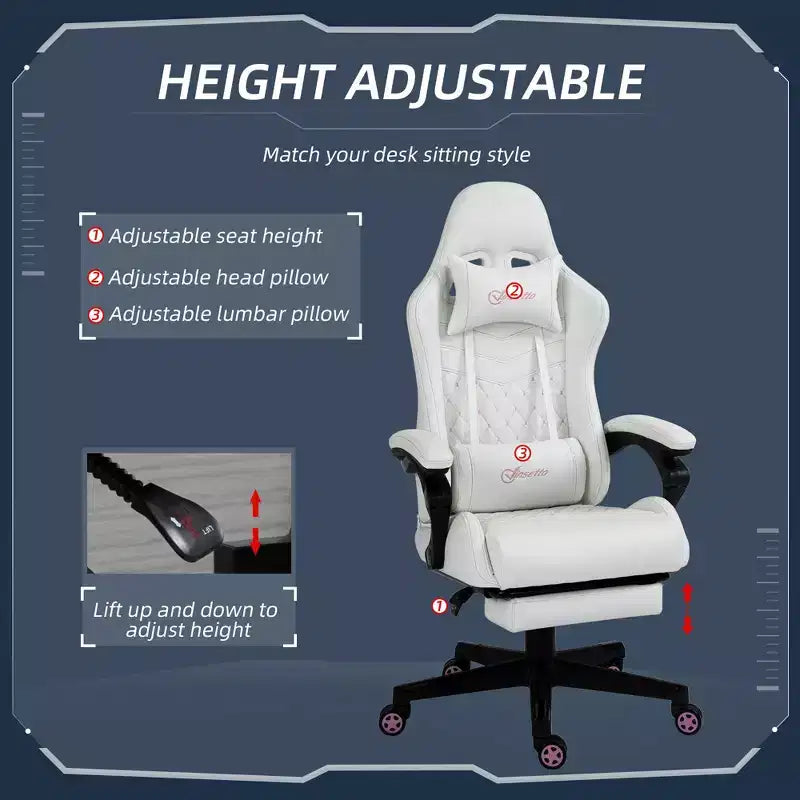 Chaise de jeu en cuir PU à dossier haut, Chaise d'ordinateur de course avec roulettes pivotantes, repose-pieds rétractable, appui-tête, support lombaire et accoudoirs