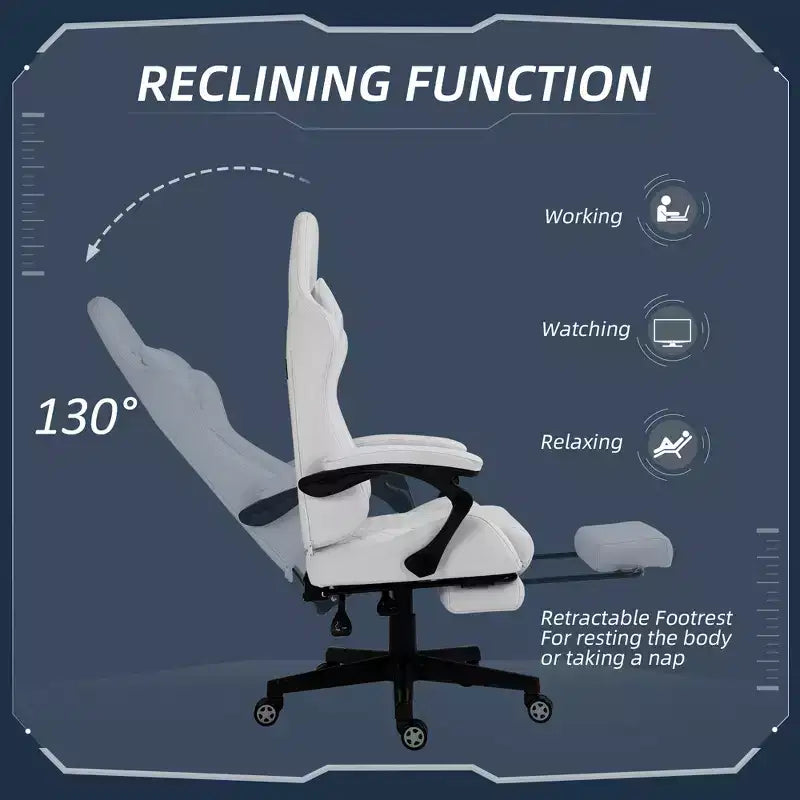 Chaise de jeu en cuir PU à dossier haut, Chaise d'ordinateur de course avec roulettes pivotantes, repose-pieds rétractable, appui-tête, support lombaire et accoudoirs