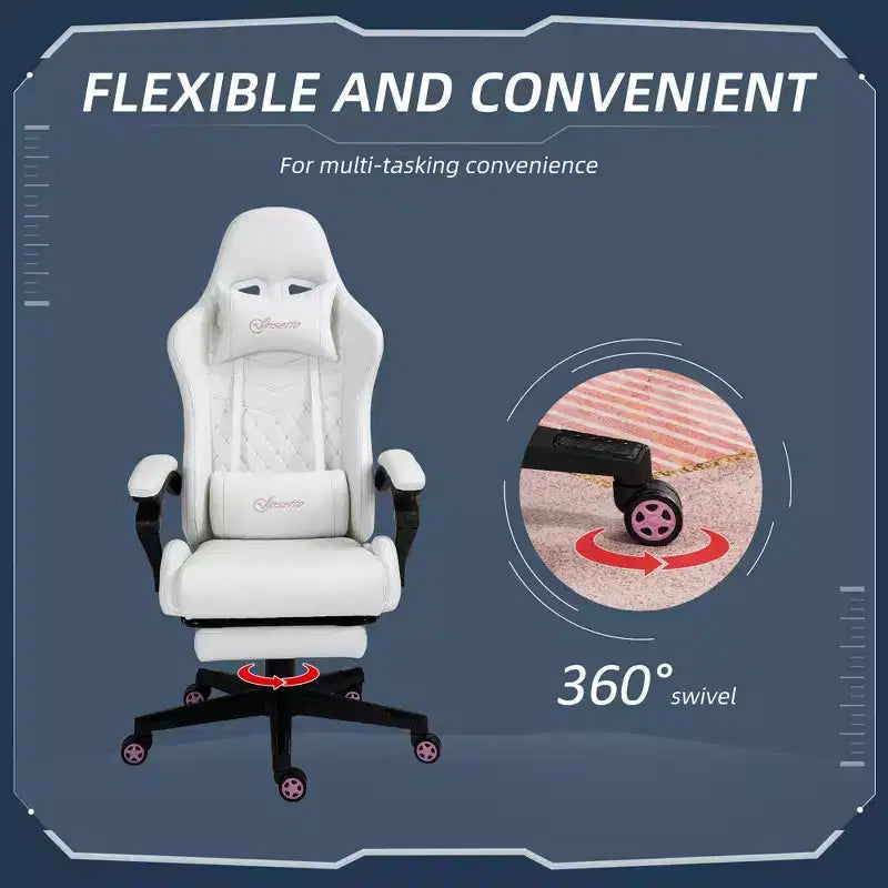 Chaise de jeu en cuir PU à dossier haut, Chaise d'ordinateur de course avec roulettes pivotantes, repose-pieds rétractable, appui-tête, support lombaire et accoudoirs