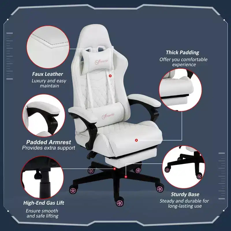 Chaise de jeu en cuir PU à dossier haut, Chaise d'ordinateur de course avec roulettes pivotantes, repose-pieds rétractable, appui-tête, support lombaire et accoudoirs