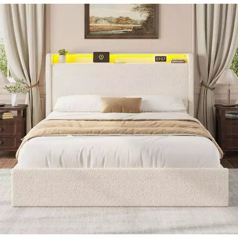 Full Bed Frame,Charging Station & LED Lights,Upholstered Platform Bed Frame,4 Storage Drawers,Solid Wood Slats Support,No Box Spring Needed