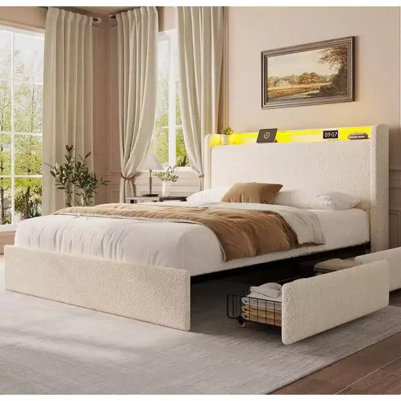 Full Bed Frame,Charging Station & LED Lights,Upholstered Platform Bed Frame,4 Storage Drawers,Solid Wood Slats Support,No Box Spring Needed