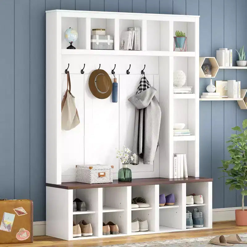 Okak Farmhouse Hall Tree with 6 Hooks, Storage Rack with Storage Bench and Adjustable Shelves, 4-In-1 Coat Rack for Living Room, White+Walnut
