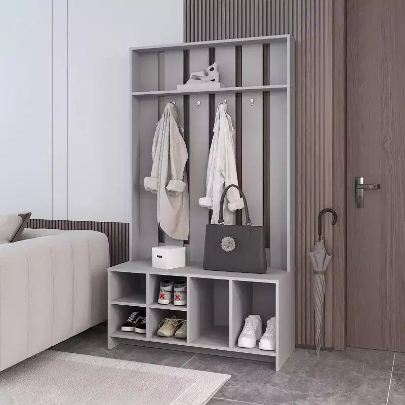 Okak Minimalism Hall Tree with 4 Hooks, Freestanding Coat Rack with Shoe Storage Bench and Top Shelves, Storage Rack for Living Room, Hallway, Smoke