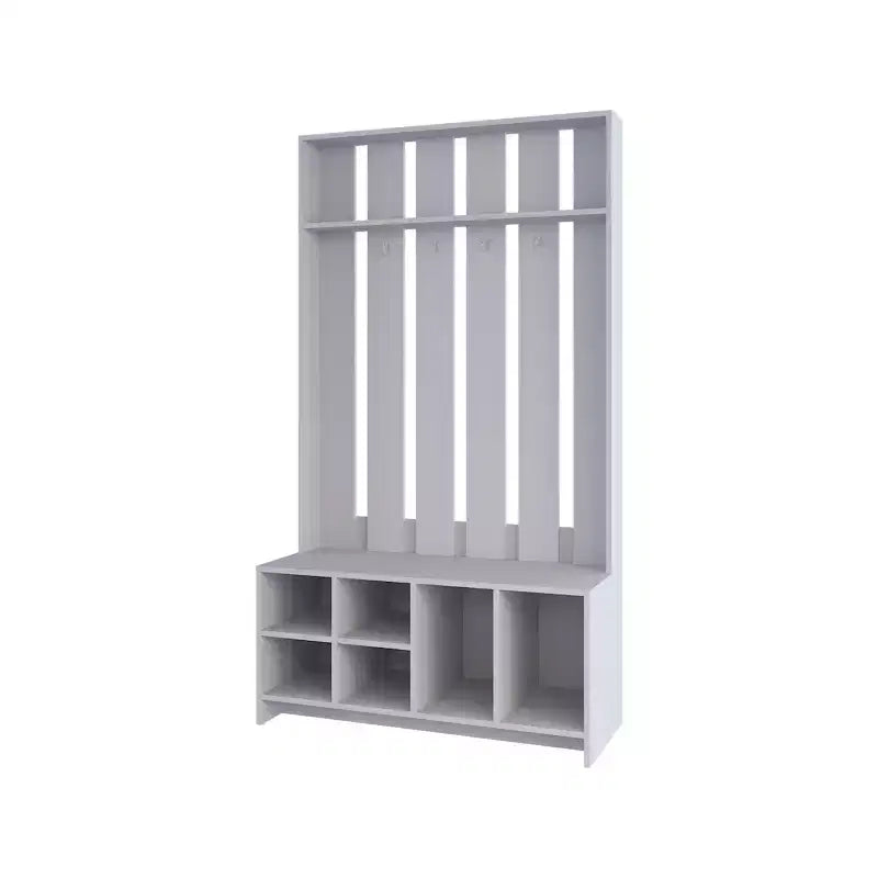 Okak Minimalism Hall Tree with 4 Hooks, Freestanding Coat Rack with Shoe Storage Bench and Top Shelves, Storage Rack for Living Room, Hallway, Smoke