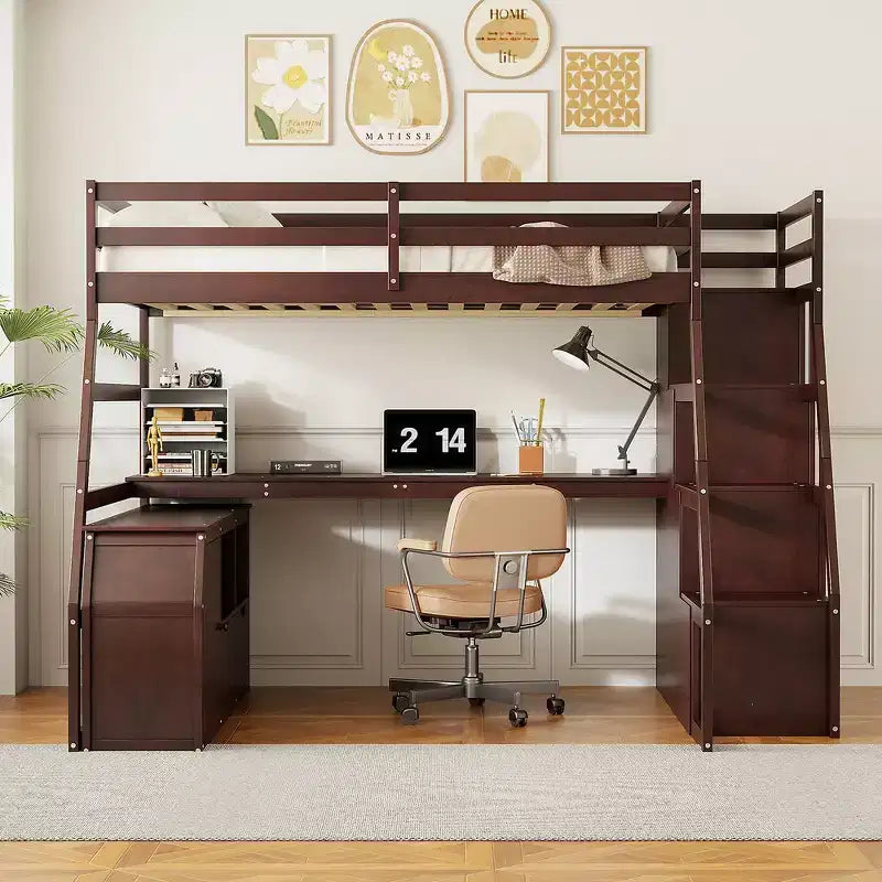 Whisen Full Size Loft Bed with 7 Drawers, 2 Shelves and Desk, Solid Construction