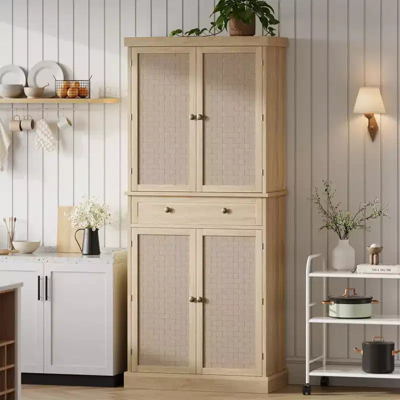 72 Wood Color Farmhouse Pantry Cabinet C 4-Door Tall Kitchen Storage with Adjustable Shelves & Drawer for Dining/Living Room