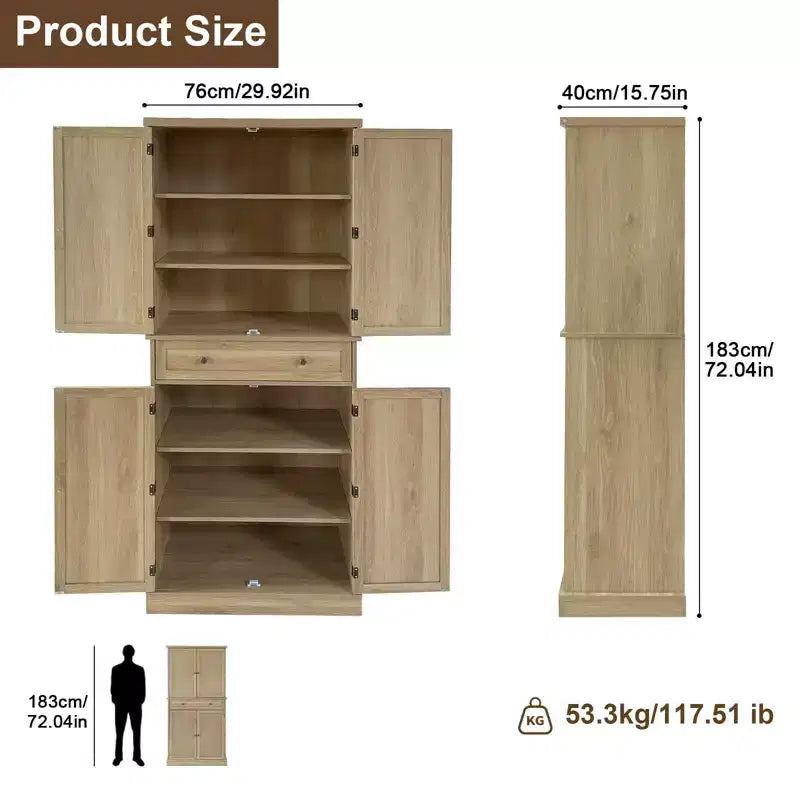72 Wood Color Farmhouse Pantry Cabinet C 4-Door Tall Kitchen Storage with Adjustable Shelves & Drawer for Dining/Living Room
