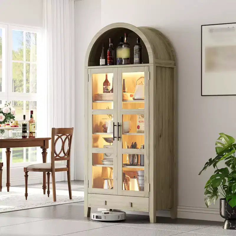 71 Tall Arched Kitchen Pantry Cabinet, Wood Cupboard Storage Cabinet with Lights & Glass Doors, Versatile Display Cabinet for Living Room Kitchen
