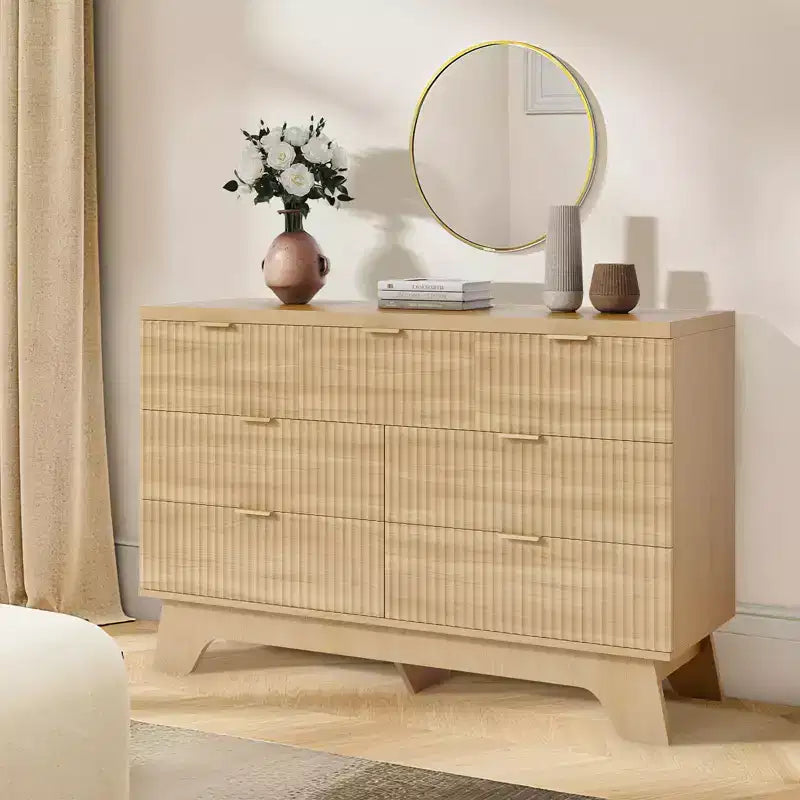7 Drawer Dresser for Bedroom, 47W Chest of Drawers with Gold Handles, Wood Dresser TV Stand, Clothing Storage Organizer for Living Room Bedroom