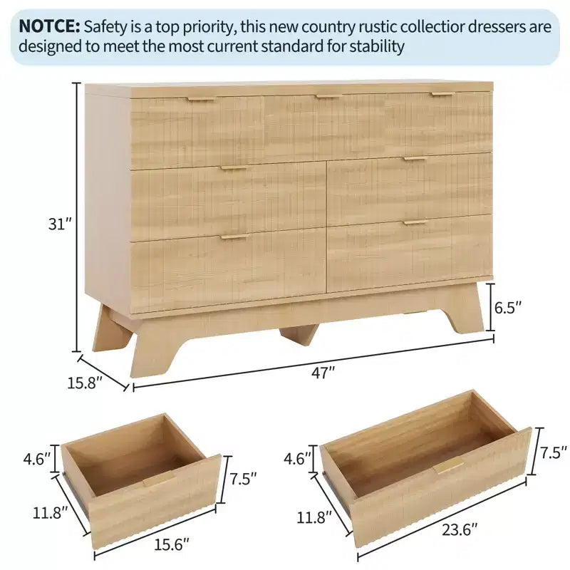 7 Drawer Dresser for Bedroom, 47W Chest of Drawers with Gold Handles, Wood Dresser TV Stand, Clothing Storage Organizer for Living Room Bedroom