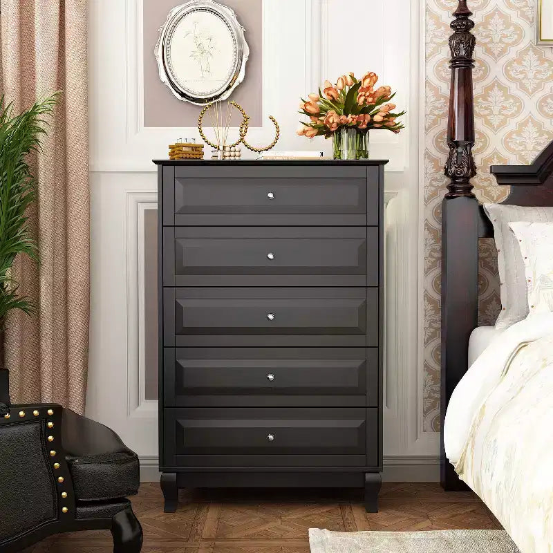 Famapy Black/White 5 - Drawer Vertical Dresser,Drawer Chest with Textured Glossy Finish,Tall Storage Cabinet,Side Tatble for Bedroom/Living Room