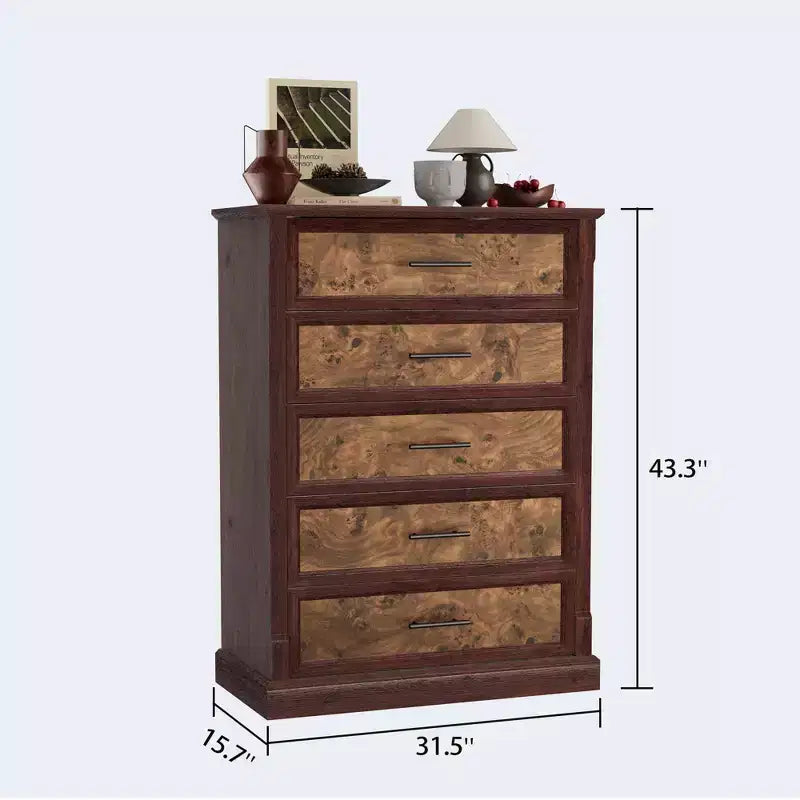 GustoWave Vintage 5-Drawer Dresser  Rustic Farmhouse Tall Chest with Metal Handles, Decorative Storage for Bedroom, Living Room, or Hallway