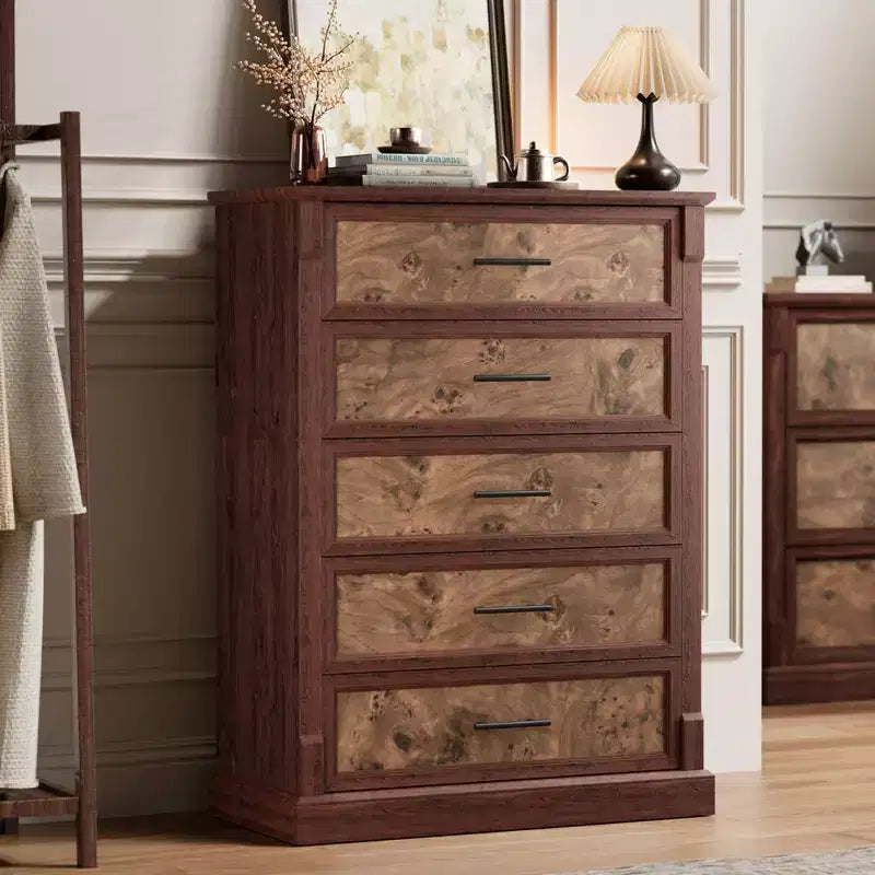 GustoWave Vintage 5-Drawer Dresser  Rustic Farmhouse Tall Chest with Metal Handles, Decorative Storage for Bedroom, Living Room, or Hallway