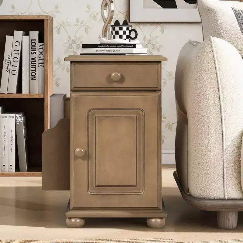 Vintage End Table with Drawer, Adjustable Coffee Table with USB Ports, Sofa Side Table with Bookshelf for Small Space