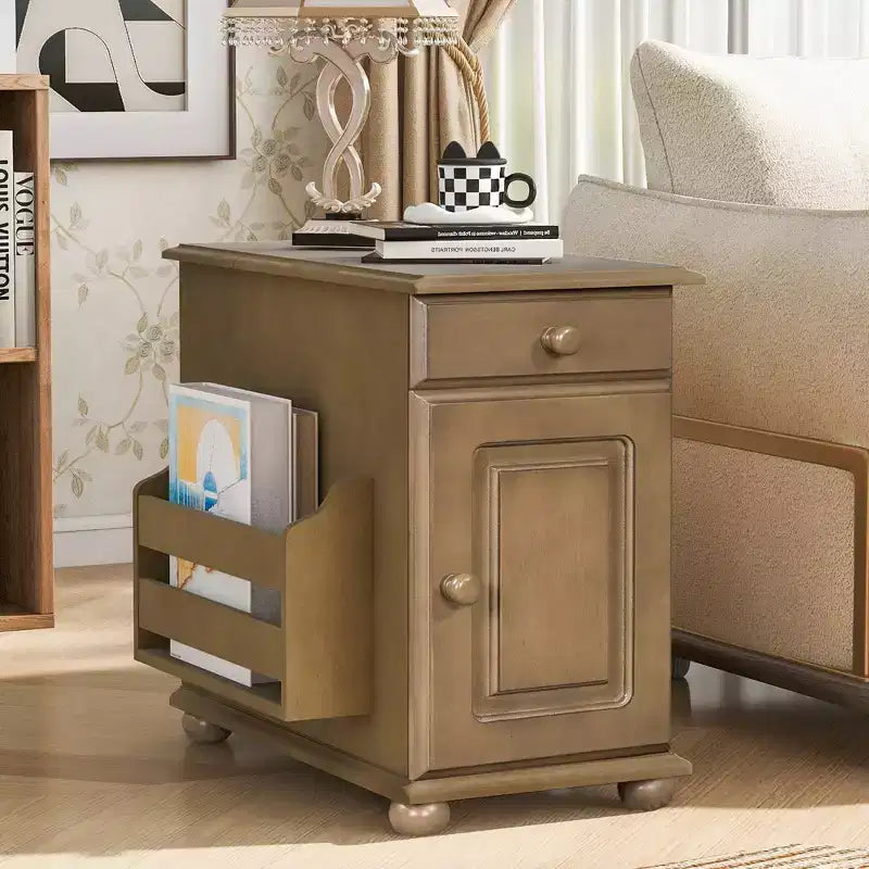 Vintage End Table with Drawer, Adjustable Coffee Table with USB Ports, Sofa Side Table with Bookshelf for Small Space