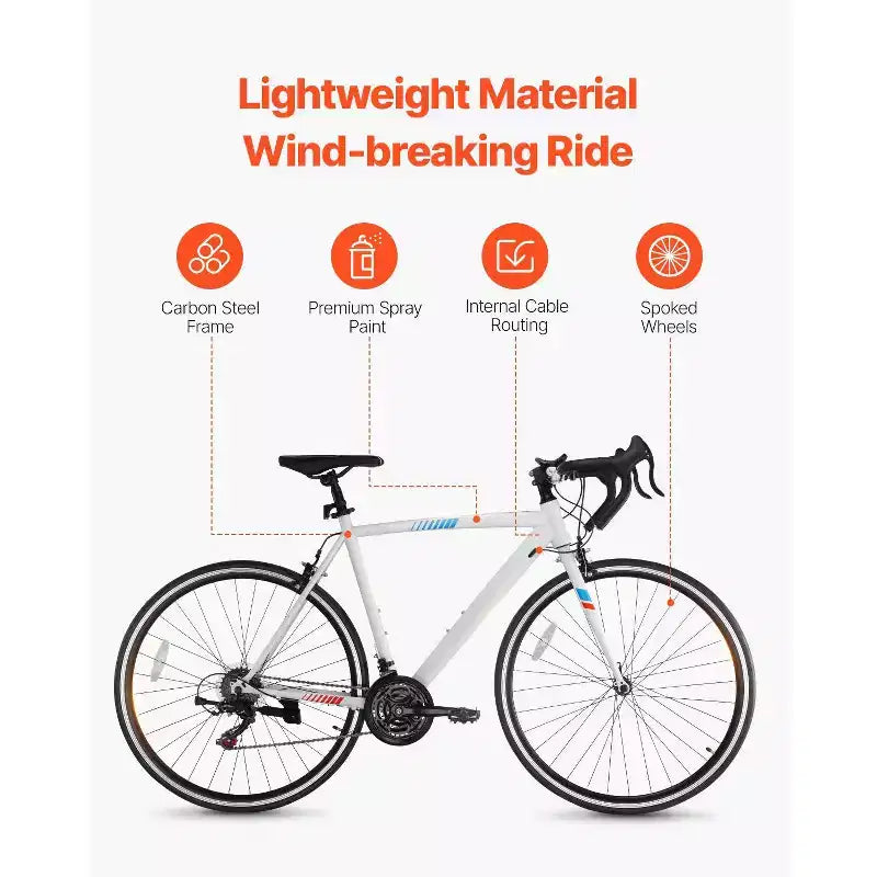 Vélo de route 21 vitesses en acier au carbone avec transmission Shimano, pneus 700x25C et guidon de course pour trajets quotidiens