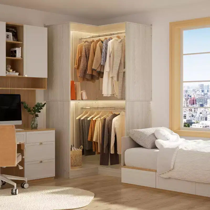 Besiost Corner Closet Organizer with Hanging Rods, Freestanding Closet System