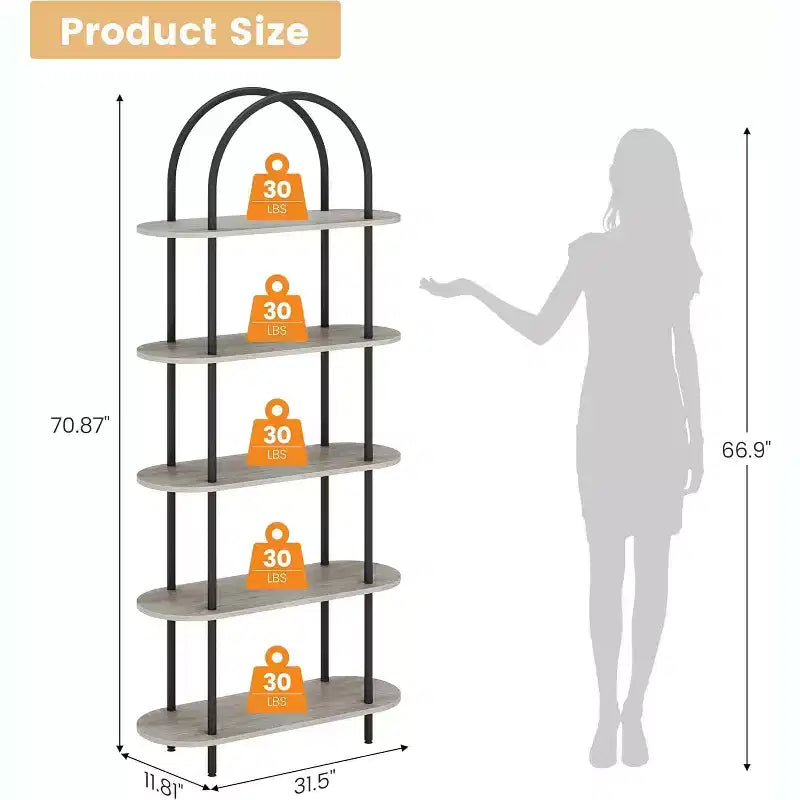 71 5 Tier Metal Collapsible Book Shelf, Portable Freestanding Bookcase Storage Organizer for Home Office Living Room