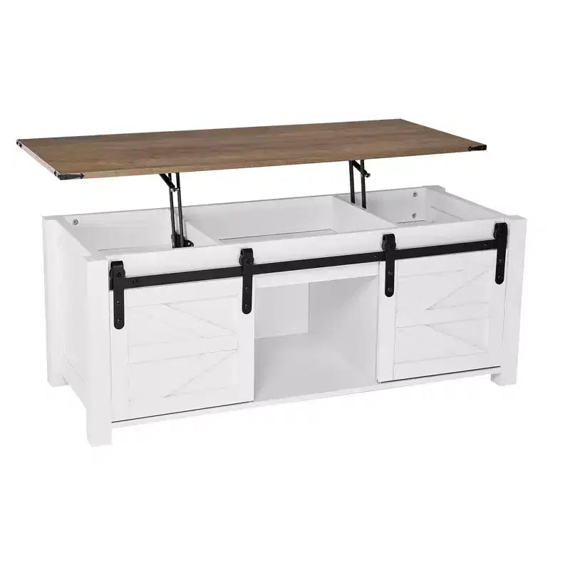 VEVOR 47.2in Farmhouse Lift Top Coffee Table,Rustic Center Table with Barn Door and Hidden Storage Compartment,Modern Rectangle Lifting Tabletop,White