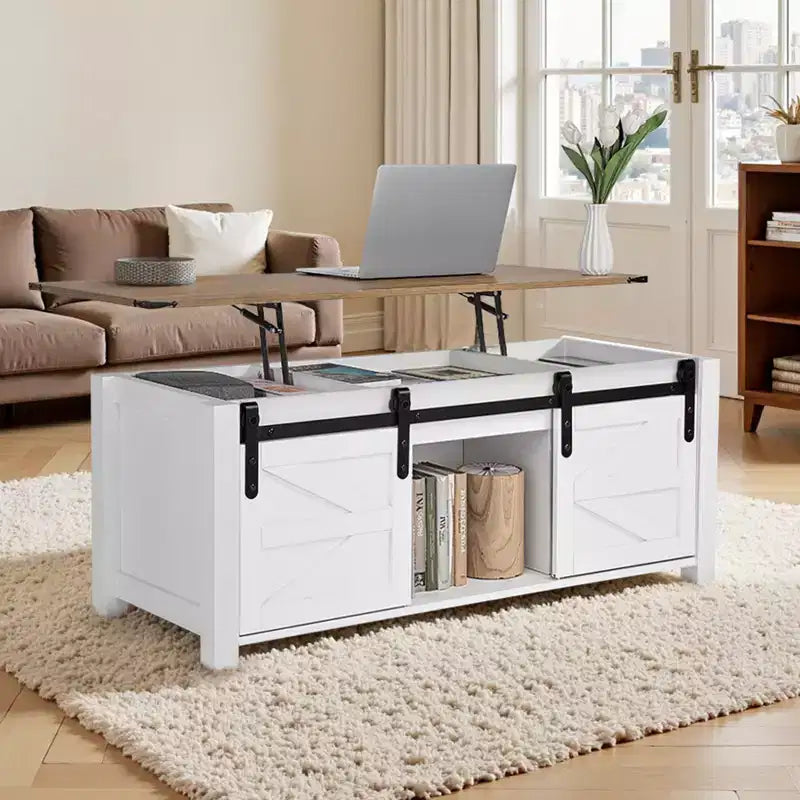 VEVOR 47.2in Farmhouse Lift Top Coffee Table,Rustic Center Table with Barn Door and Hidden Storage Compartment,Modern Rectangle Lifting Tabletop,White