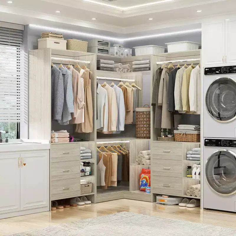 Besiost 92-In Closet System Set with Wood Drawers, Corner Closet Organizer with Hanging Rods