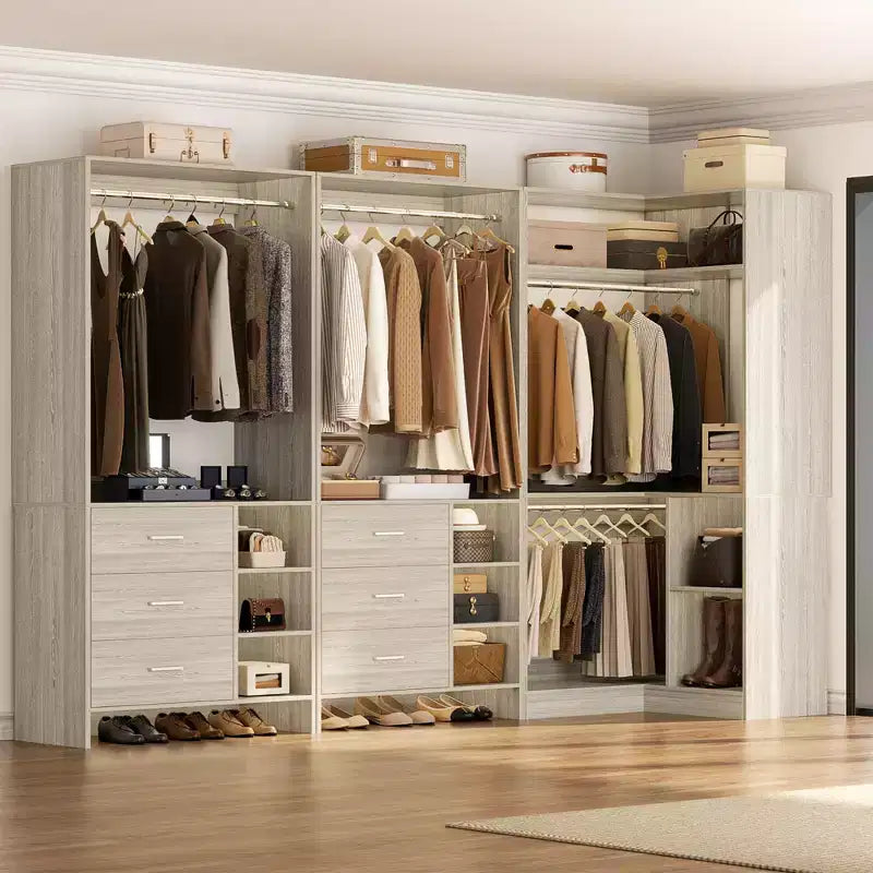 Besiost 92-In Closet System Set with Wood Drawers, Corner Closet Organizer with Hanging Rods