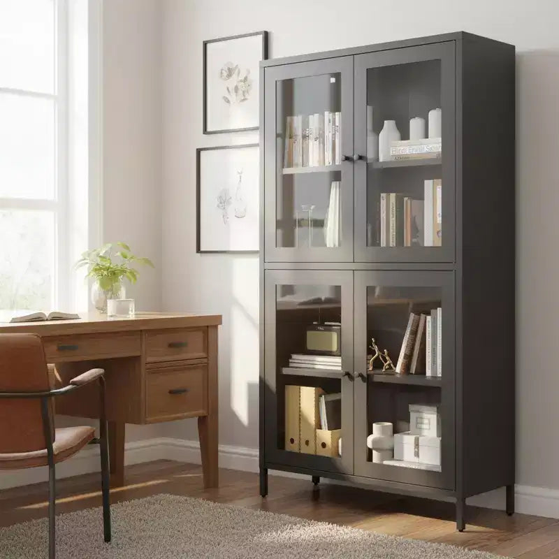 Homy Casa Classic Metal Storage Cabinet with 4 Glass Doors, Black Steel