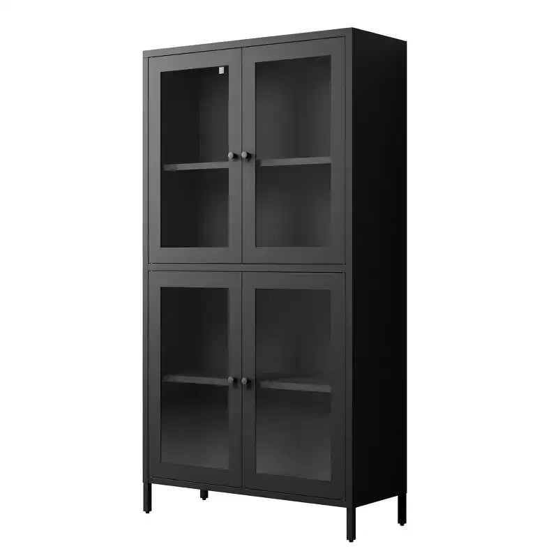 Homy Casa Classic Metal Storage Cabinet with 4 Glass Doors, Black Steel