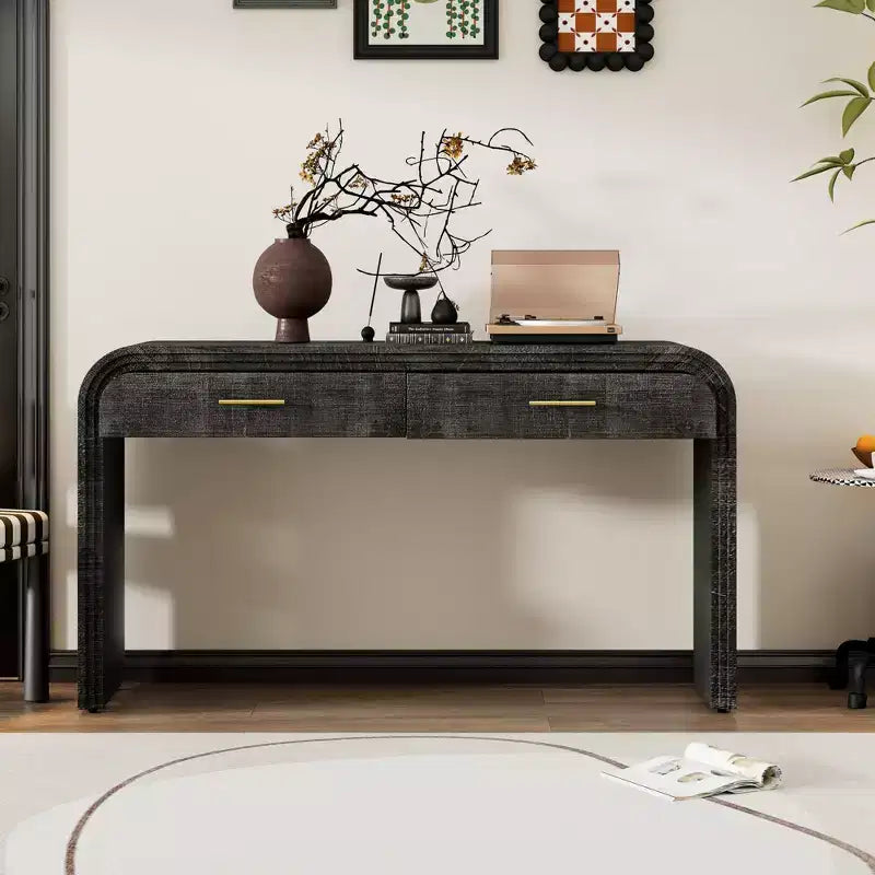 Curved Console Table with 2 Drawers for Entryway, Wood Minimalist Entryway Table with Stroage for Living Room