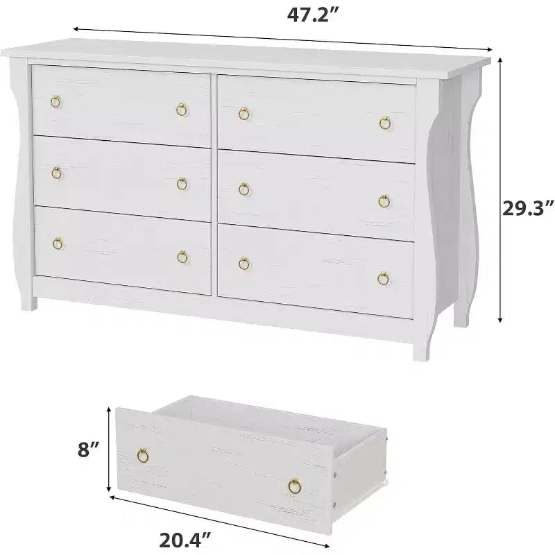 47.2 inch White 6 Drawer Dresser, Freestanding Storage Organizer for Bedroom, Living Room and Entryway, Easy Assembly Space Saving Design