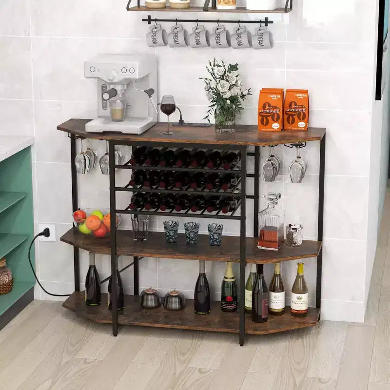 Costway 3 Tier Bar Cabinet with Storage Shelves Glass Holders Bottle Racks