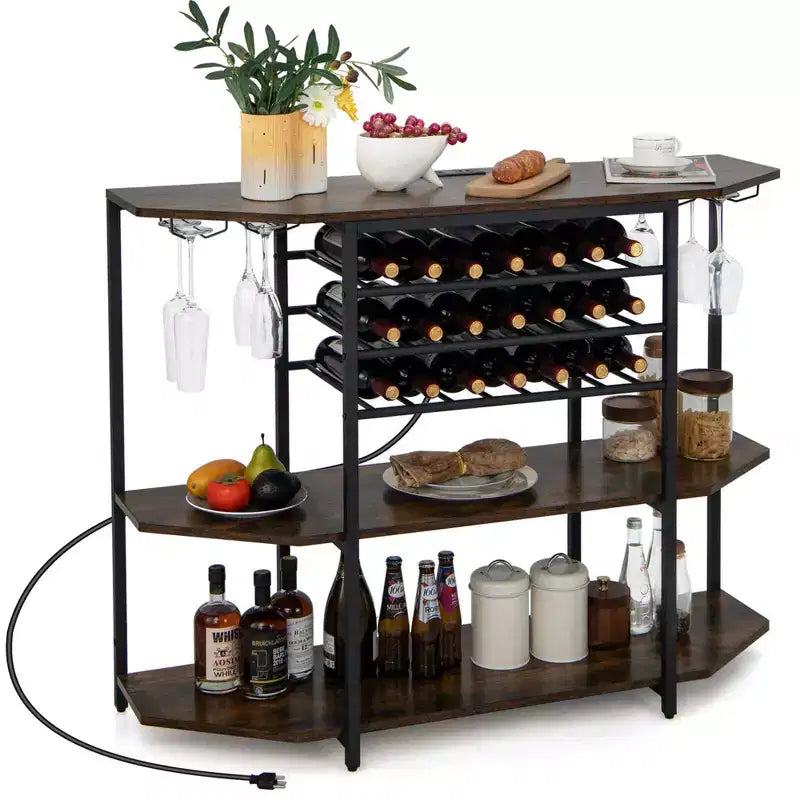 Costway 3 Tier Bar Cabinet with Storage Shelves Glass Holders Bottle Racks
