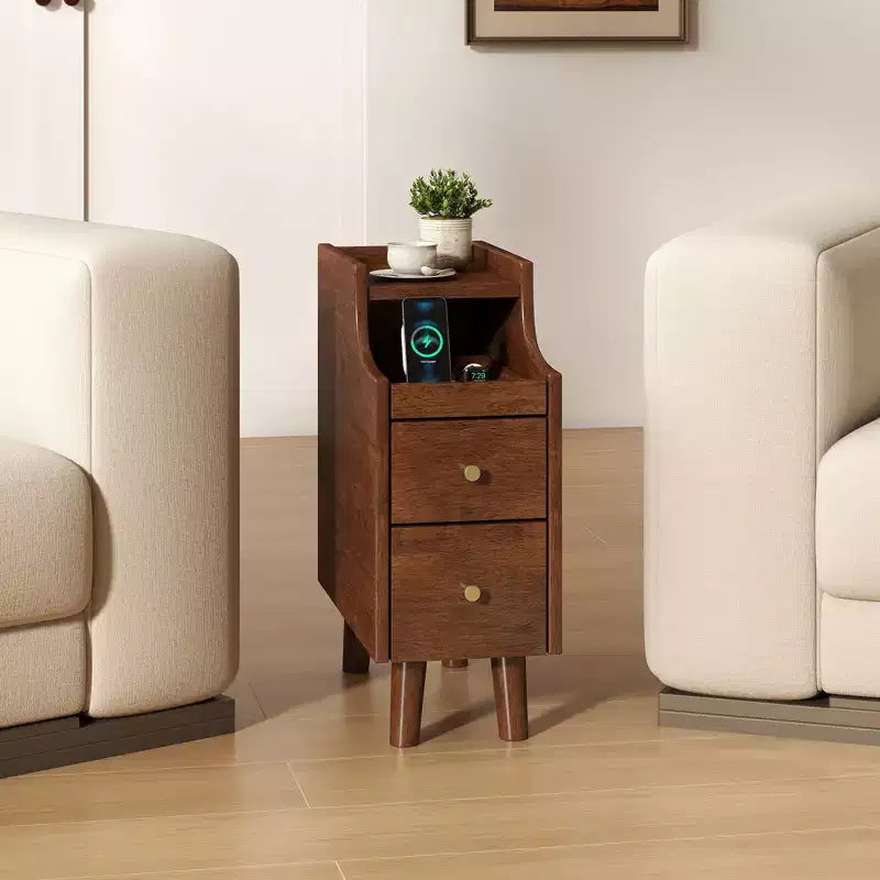 Costway Solid Wood End Table w/ Pull-out Tray & 2 Storage Drawers Cable Management