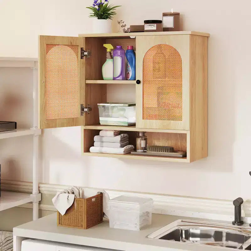 Costway Bathroom Wall Cabinet with Adjustable Shelves Open Cube 2 PE Rattan Doors for Over Toilet Wall Mounted Medicine Cabinet Natural